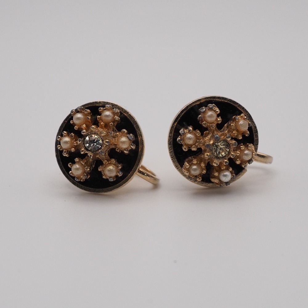 Vintage Coro Earrings Black Enamel Faux Pearl Rhinestone Screw Back Gold Tone